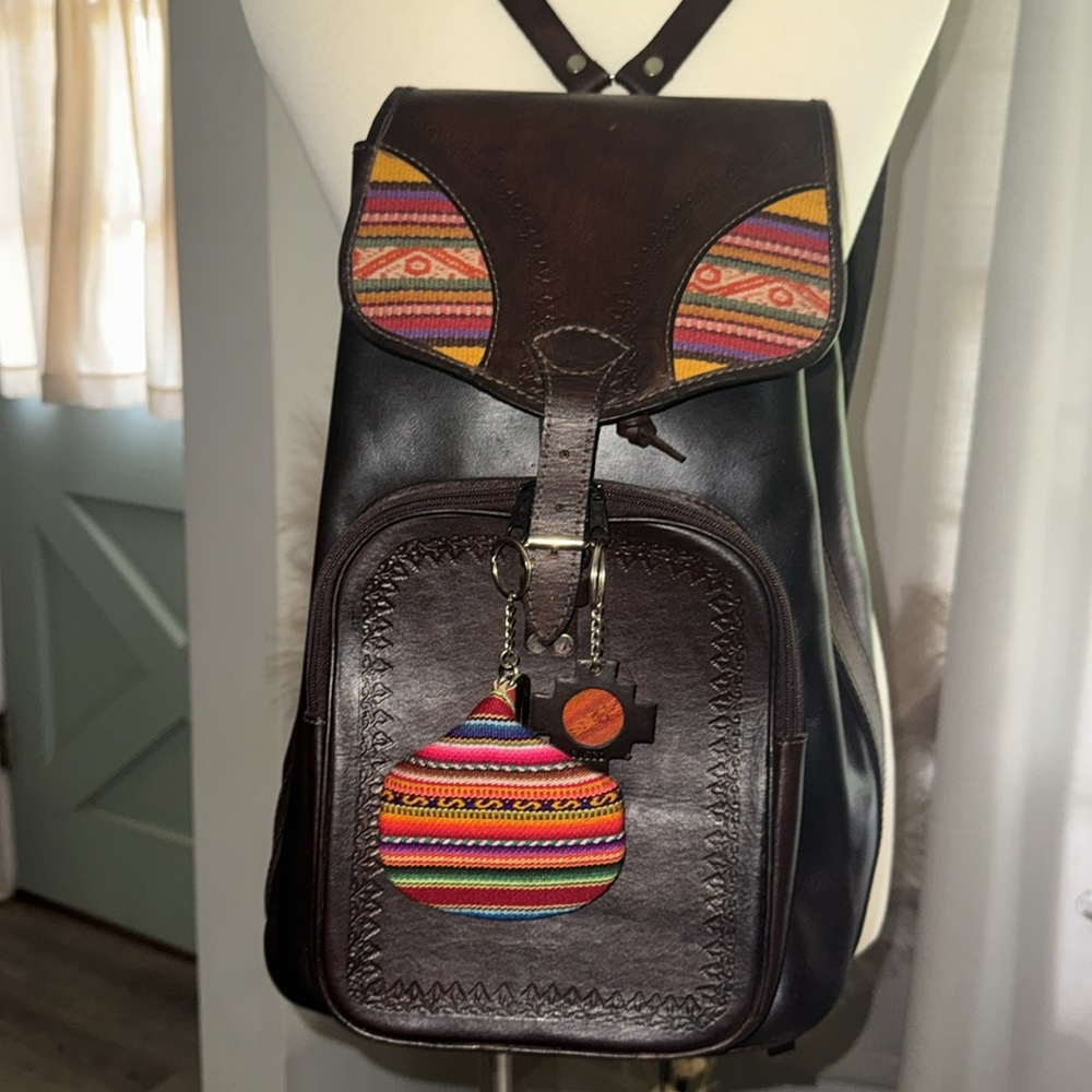 Leather Brown and Orange Ethnic Pattern Backpack